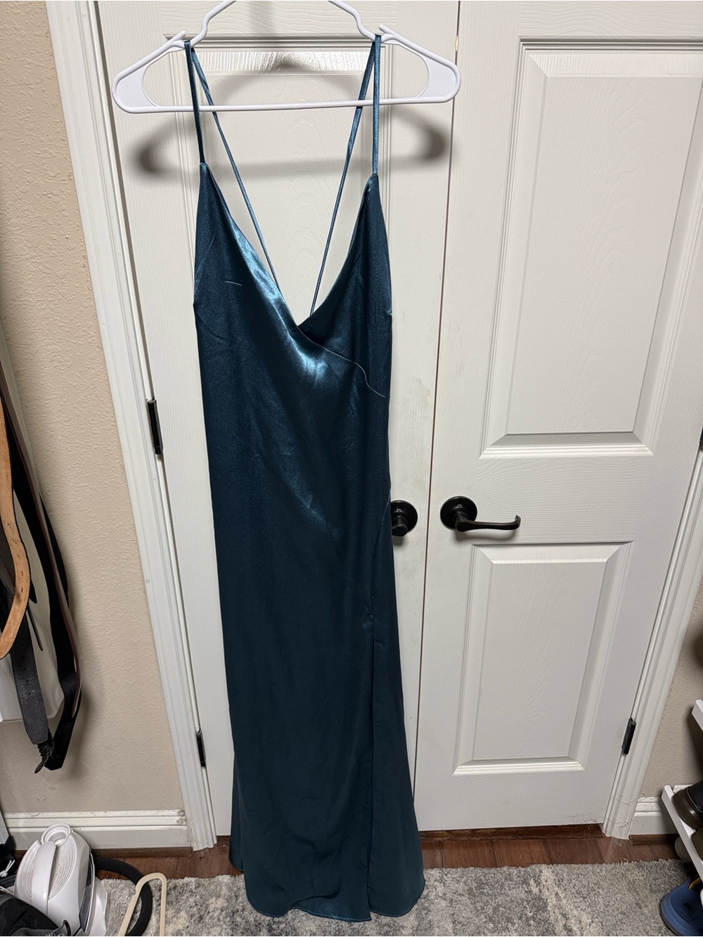 Lulu's Teal Satin Slip Maxi Dress